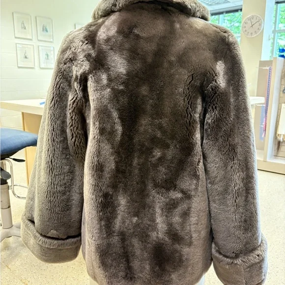 Gray Faux Fur Coat w/ Blue Plaid Lining